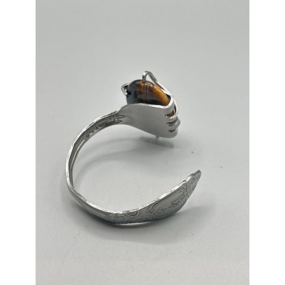 Flatware Jewelry Handcrafted Fork Bangle Bracelet Tiger Eye Stone Primitive - Picture 6 of 11